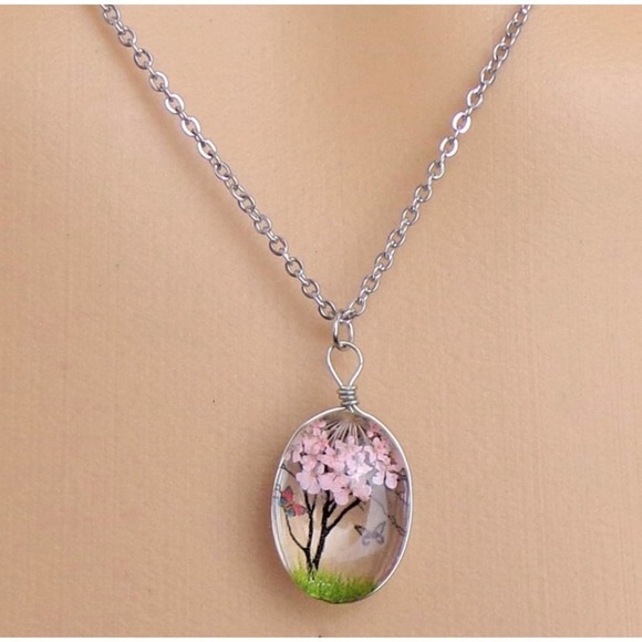 HP! 🎉 1 LEFT! Flower Tree and Butterfly Oval Pendant and Necklace - Picture 5 of 5